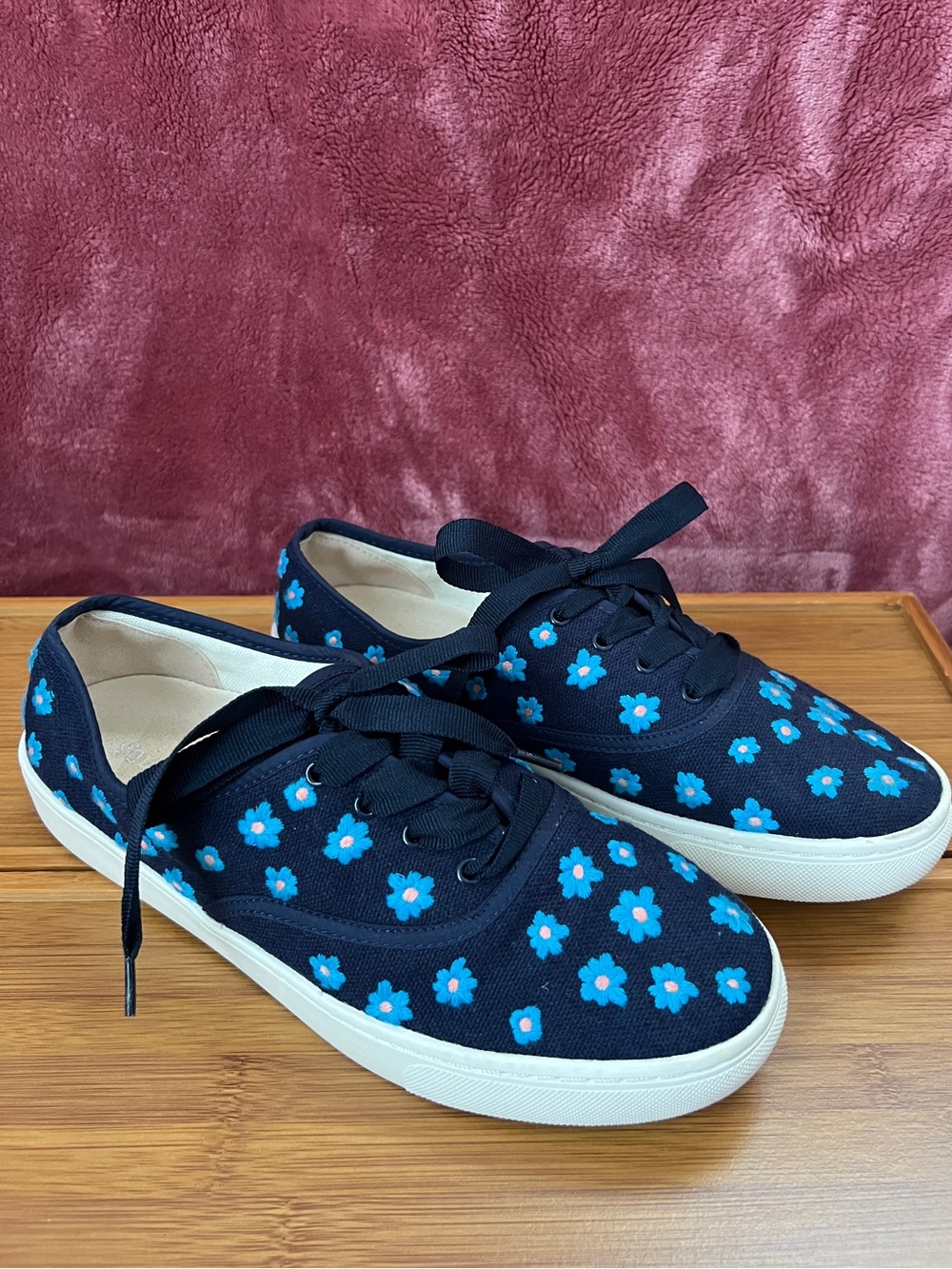 Soludos Navy Canvas Sneakers with Light Blue Floral Embroidery